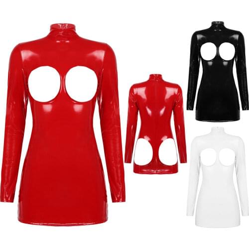 Womens Exotic Dress Wetlook Patent Leather Bare Breast Open Butt Sissy Bodysuit Lingerie Costume Zipper Mini Dress Sexy Clubwear