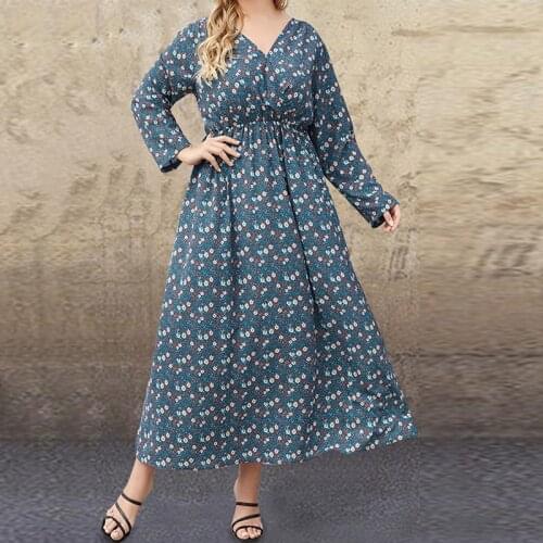 2021 Spring Autumn Long Sleeve Dress Women V Neck Flroal Print High Waist Casual Dress Plus Size 5XL Maxi Long Dresses
