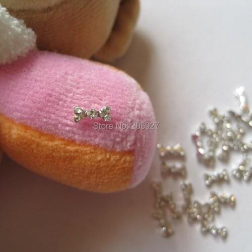MD-81 10pcs Fancy All Crystal Rhinestone Small Silver Bow Metal Charms Metal Deco Charms Nail Art