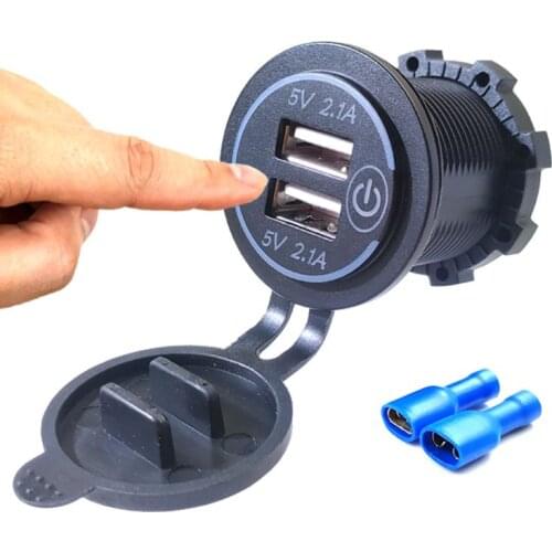 12V 24V Dual USB 2.1A LED Car Charger Adapter With Touch ON OFF Switch Power Cable For Car Boat Marine Motorcycle Camper