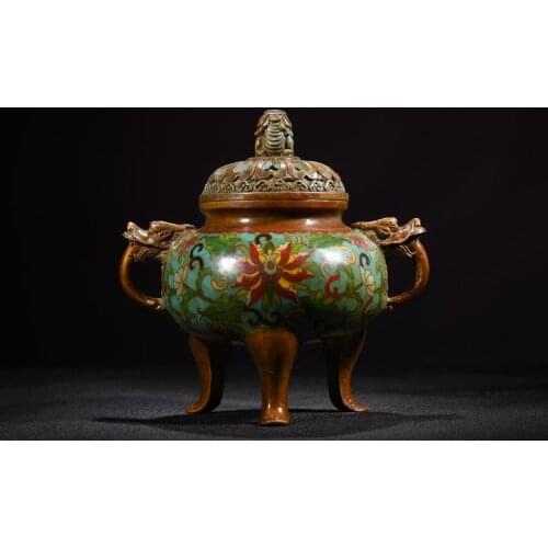 6"Tibet Temple Collection Old Bronze Cloisonne Enamel Lion head statue Three-legged incense burner Ornaments Town House Exorcism