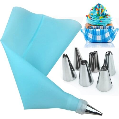 8Pcs/Set Silicone Kitchen Accessories Icing Piping Cream Pastry Bag 6 Stainless Steel Nozzle Set DIY Cake Decorating Tips Set
