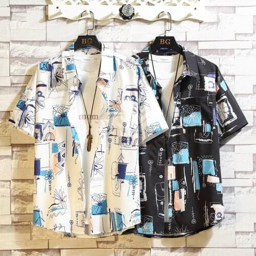 Brand New 2021 Beach Summer Print Flower Black White Short Sleeves Hawaii Collar Korea Style Shirt For Mens Harajuku Clothing