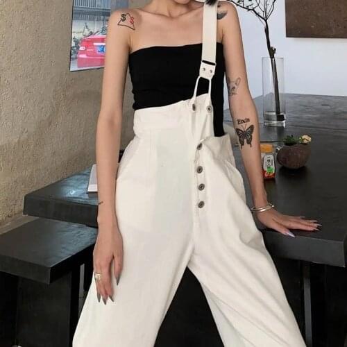 White Pants Loose and Thin High-Waisted Wide-Leg Pants One-Shoulder Overalls Women Jeans 2021 Spring and Summer New Black