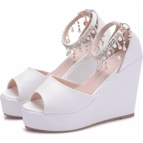 Crystal Queen Summer Women Shoes Sandals Bohemian String Beading White Pu Casual Heeled Wedge Sandals For Woman High Heels