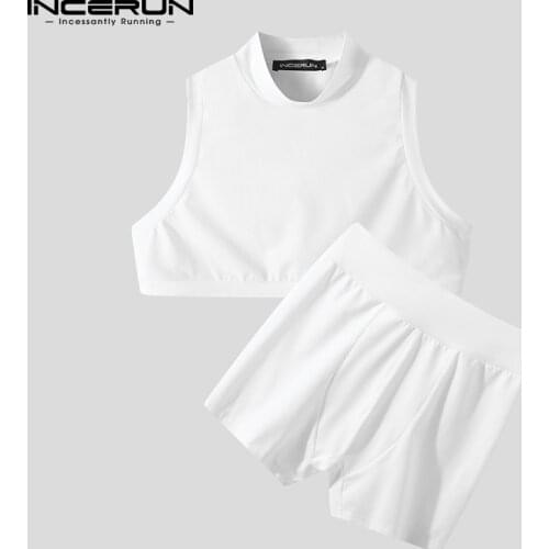 INCERUN Solid Color Men Pajamas Sets Turtleneck Sleeveless Crop Tops Sleepwear & Boxers Two Pieces Sexy Mens Pyjamas Suits 5XL