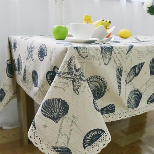 Cotton Linen Tablecloth Starfish Seashells Pattern Washable Dinner Table Cloth Placemat Table Protector Cover Home Decoration