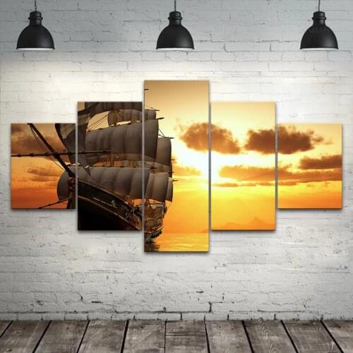 HD Printed Sailboat Canvas Painting Modern Home Decor 5 Pieces Sunset Scereny Poster Wall Art Bedroom Modular Sea Pictures Frame