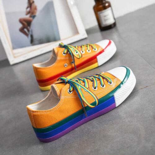 Yellow Platform Flats Women Luxury Designer Rainbow Canvas Shoes Fashion White Sneakers Harajuku Casual Lace Up Creepers Loafers
