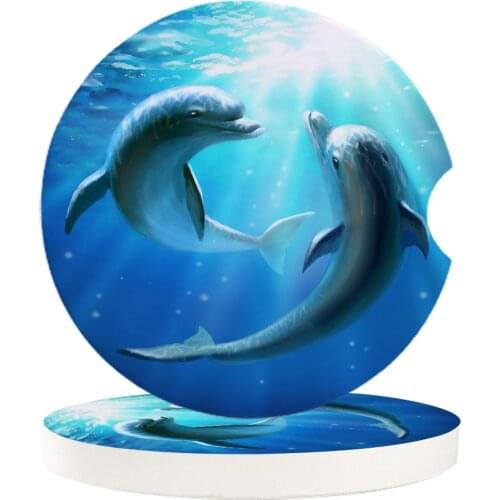 Ceramic Stone Round Car Coasters Set Lovers Dolphin Underwater Sea Mug Tea Cup Hot Cold Drinks Mat Car Coaster Decoration