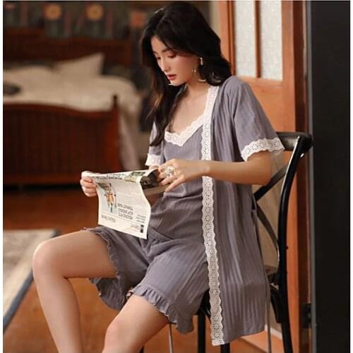 15311-c1Dresses Pajama Nightgown Set Night Dress satin Nightwear Robes3 Piece Women Kimono Summer female Bath Gown