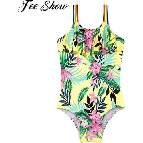 Summer Kids Girls One-piece Swimming Bathing Suit Swimwear Swimsuit Straps Ruffle Swimsuit Jumpsuit Swimming Bodysuit Beach Pool