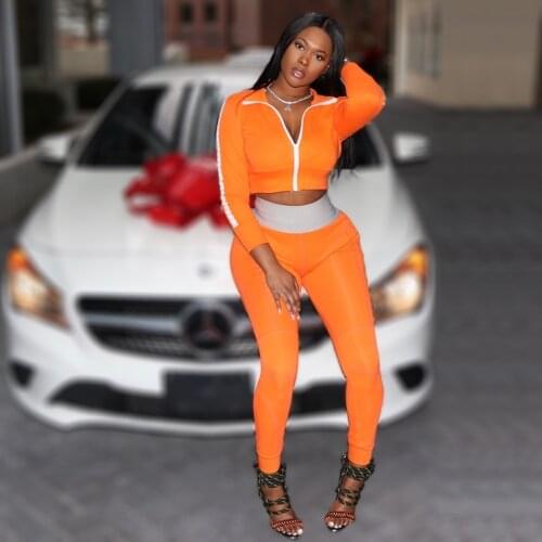 Fashion Sweat Suit Gymwear Orange Long Sleeve 2 Piece Cropped Jacket Pants Set New Designer 2019 Women Tracksuit