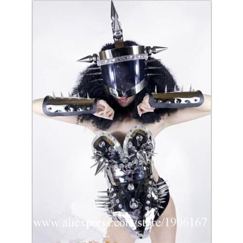 New Design Armor Mirror Metal Female DS Ballroom Costume Dance Team Party Heavy Metal Helmet DJ Stage Performance Clothes