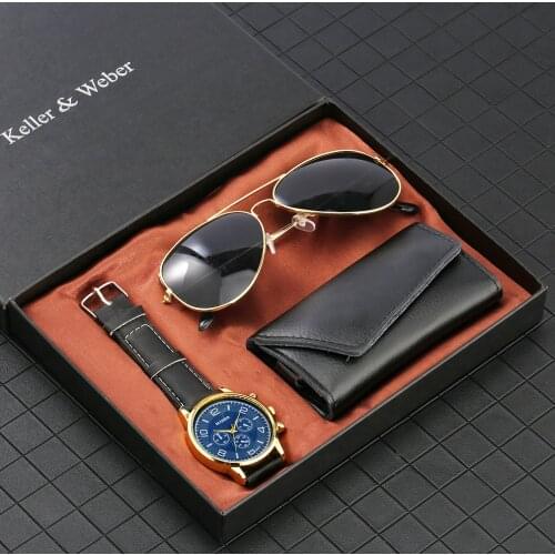 New Fashion Top Gift Set Men Leather Quartz Watches Multifunctional Key Package Classic Sunglasses Boyfriend Husband Dad Gifts