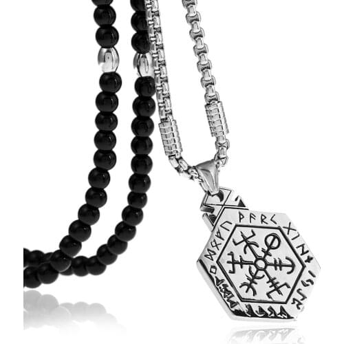 Stainless Steel Ancient Rune Characters Roman Lucky Pendant Necklace with Black Natural Stone Chain 26"