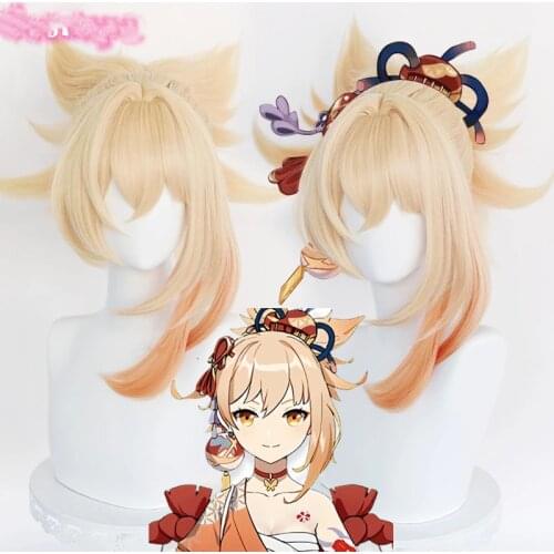 Genshin Impact Yoimiya Cosplay 50cm Wig Blond Orange Wig Cosplay Anime Cosplay Wigs Heat Resistant Synthetic Wigs Halloween