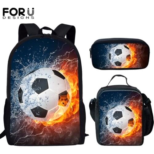 FORUDESIGNS Hot Style Student School Bags Soccer With Water Fire Print Bookbag For Boy Girl Mochila Escolar 3pcs Set Backpack