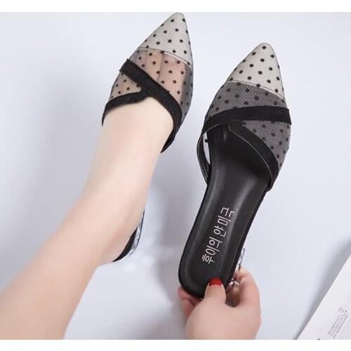 2020 Summer Fashion mesh Womens Slippers Flat Heel Pointed Toe Slides Party Dress Shoes Slip On Flip Flops