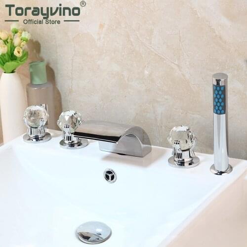 Torayvino Chrome Bathroom Bathtub Faucet 5 Pcs Set Diamond Handle Sprayer Bath Douche Combo Kit Deck Mounted Mixer Water Tap