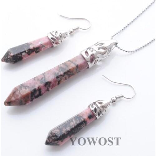 YOWOST Natural Rhodochrosite Gem Stone Hexagonal Pointed Reiki Chakra Beads Pendant Dangle Earrings Set Jewelry IQ3049
