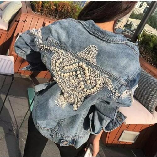 Bead Embellished Denim Jacket Women Cotton Winte Women Coat Bomber Jacket Vintage Jacket Coat Pearl Outwear