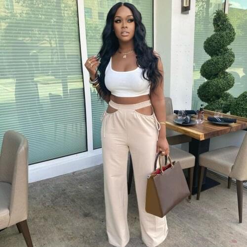 Women High Waist Casual Pants Wide Leg Long Solid Color Hollow Out Pants Trousers Comfy Pant Roupas Femininas Com Frete Gratis