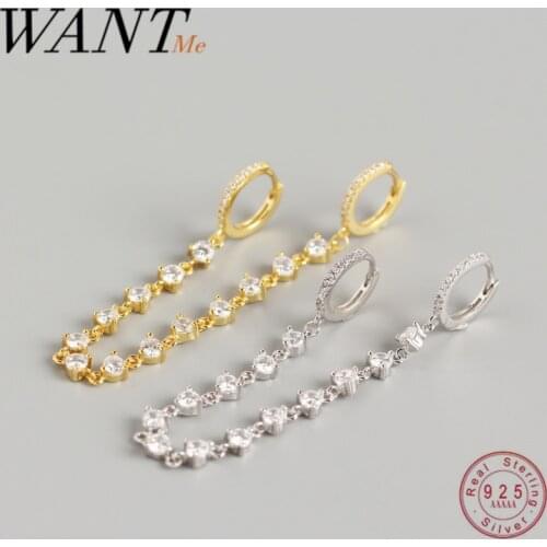 WANTME Luxury Real 925 Sterling Silver Round Zircon Tassel Stud Earrings for Women Bohemian Punk Ear Hoop Fine Jewelry Gift 2020