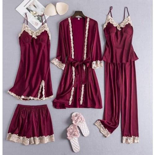 Women Lace Trim Pajamas Set Satin 5PCS Sleepwear Spring Summer Kimono Gown Femme Pijamas Suit Casual Loungewear Home Wear