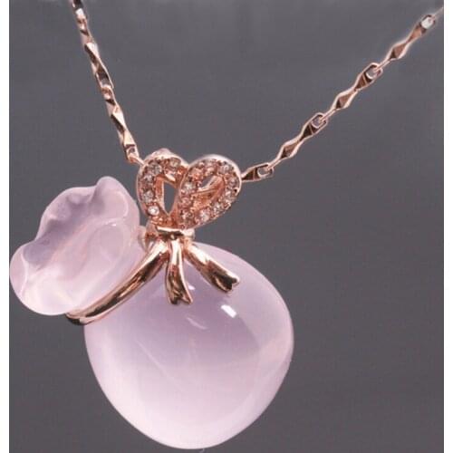 Pink Opal Necklace Lucky Crystal Money Bag Pendant Women Bow Rose Golden Sweater Clavicle Chain Jewelry Valentines Day Gift