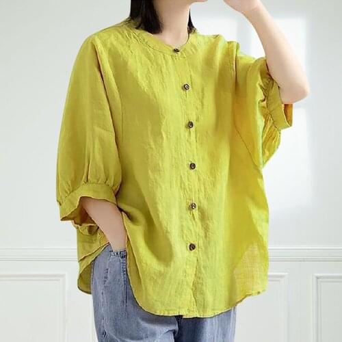 2021 Summer New Arts Style Women Half Sleeve Loose Casual Shirts Round Neck Single-breasted Cotton Linen Blouse Plus Size
