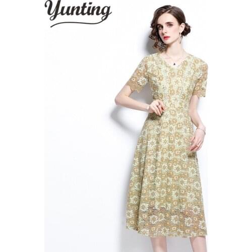2021 Female Floral Embroidery Dress Women Short Sleeve V-Neck Lace Party Dress