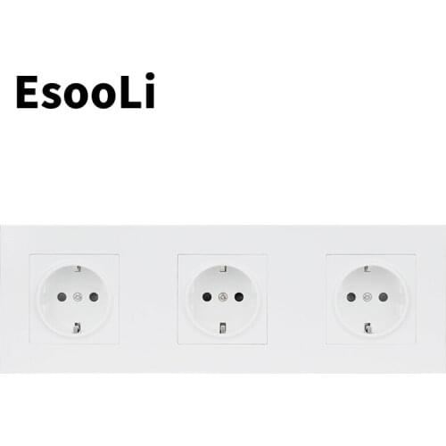 EsooLi White Wall PC Panel 3 Way Power Socket Plug Grounded 16A EU Standard Electrical Triple Outlet 258mm * 86mm Plastic
