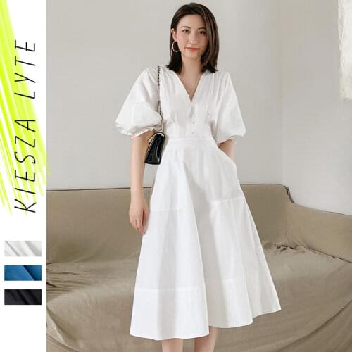 White Bubble Sleeve Dress 2021 Summer French Style Elegant Sexy Fashion Sexy Solid Midi Dresses Femme Lois Vestido