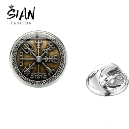SIAN Vegvisir Viking Compass Brooch Pins Vintage Punk Nordic Pirate Compass Rune Glass Cabochon Stainless Steel Clasp Men Badge