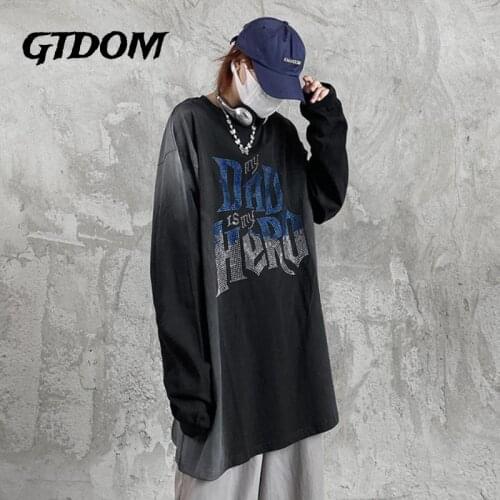 GTDOM 2021 Autumn New Cotton Casual T-shirt Hip Hop Loose Deep Black Letter Hot Drill O-Neck Long Sleeve Designer Men Clothing