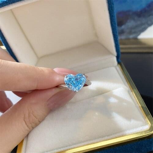 Dainty Bride Vintage Silver Color Ring Aqua Blue Zircon Big Stone Ring Luxury Crystal Love Heart Rings For Women Wedding Jewelry