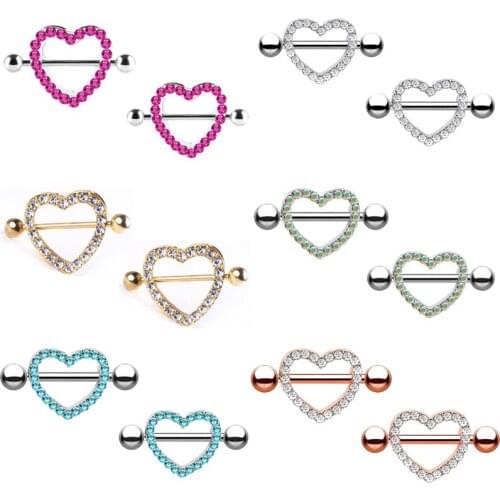 2Pcs Zircon Heart Nipple Rings Cover Body Piercing Jewelry Nipple Bar Ring Barbell Pircing Sexy Women Stainless Steel Jewelry