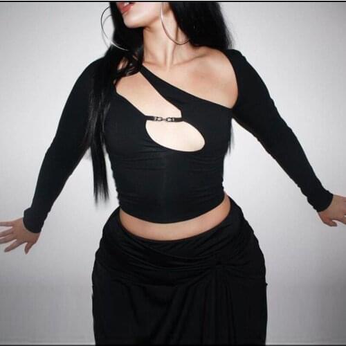Black Cut Out Hole Skew Collar Crop Tops T Shirts Women Asymmetrical Gothic Streetwear 2021 Fall Sexy Skinny Club Clothes