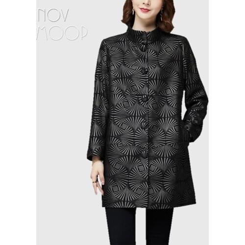 Novmoop printed sheepskin genuine leather women coat for daily formal dressing fan pattern Veste de cuir LT3487