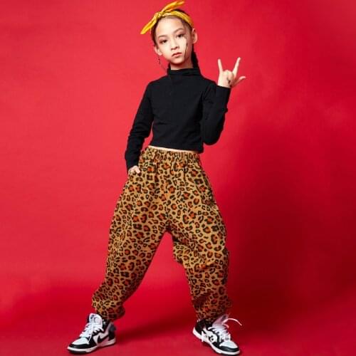 Ropa de hip-hop para niños, sudaderas negras, faldas cortas, ropa informal con estampado de leopardo de manga larga, pantalones