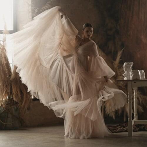 Dreamlike V-neck Long Sleeves Mesh Maternity Dresses Open Front 2021 New Design Very Big Bottom Baby Shows Dress Pregnancy Gowns