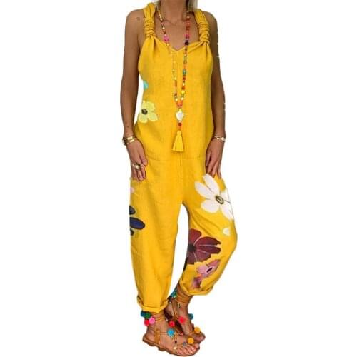 Plus Size Women Casual Sleeveless Bib Overall Backless Floral Print Loose Jumpsuit Dungaree Short Sleeve Wide Leg Loose Jumpsuit