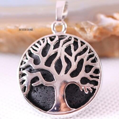 Silver Color Tree of life Round Necklace Pendant 25MM Natural Stone Black Volcanic-Stone 1Pcs K424