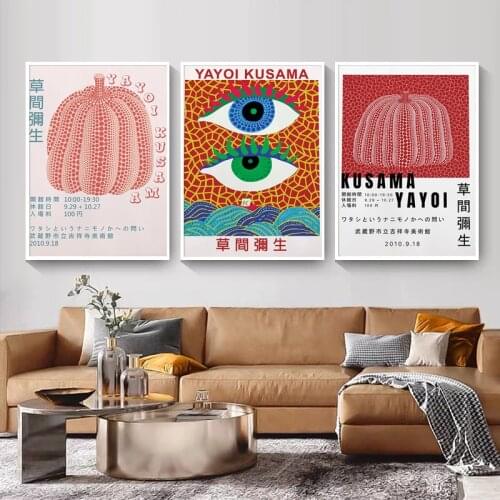 Modern Exhibition Canvas Paintings Yayoi Kusama Pumpkin Poster Print Wall Art Pictures for Living Room Wall Decoration Cuadros