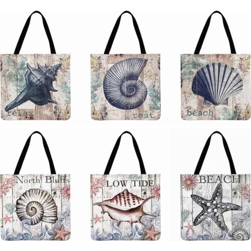 Ocean Style Digital Printed Tote Bag Linen Fabric Bag Foldable Shopping Bag Outdoor Beach Bag Ladies Shoulder Bag Daily Handbag