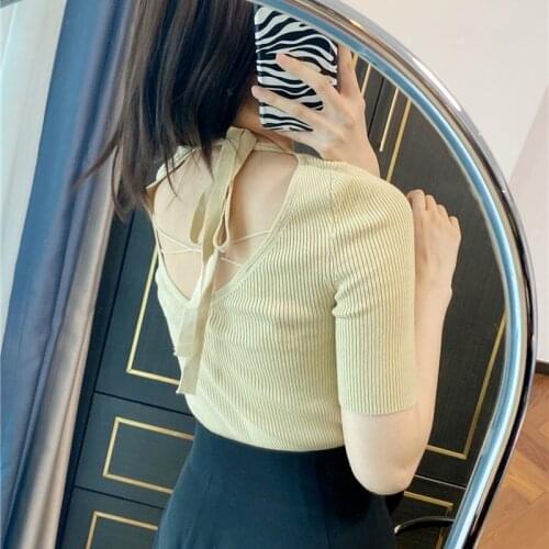 Japan Style Design Back Lace-up Women Tops Short Sleeve O Neck Summer Pullovers for Women Knitted Slim Fit Feminino Sweaters