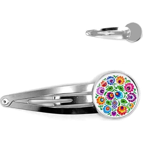 Ethnic Polish Folk Art Pattern Hair Pins Bohemia Fashion Flower Print Round Jewelry For Women Girls Gift