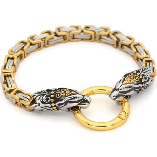 VikViking Men King chain viking wolf head bracelet stainless steel With Valknut Gift Bag 21 23 25 CM