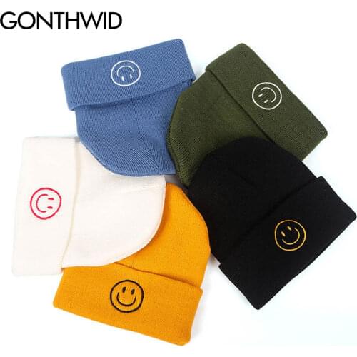 GONTHWID Beanie Plain Knit Hats Hip Hop Harajuku Embroidery Smile Face Warm Cuff Cap Slouchy Skull Ski Beanies Casual Bonnets